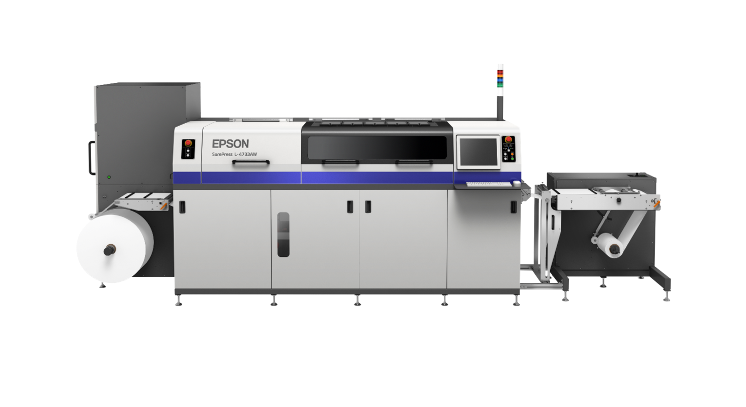 Epson SurePress L-4733AW label press machine on a black background.