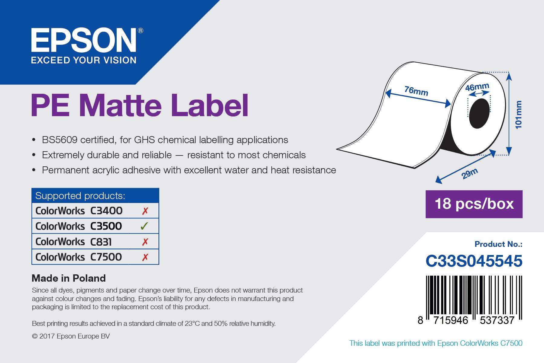 PE Matte Label - Continuous Roll: 76mm x 29m