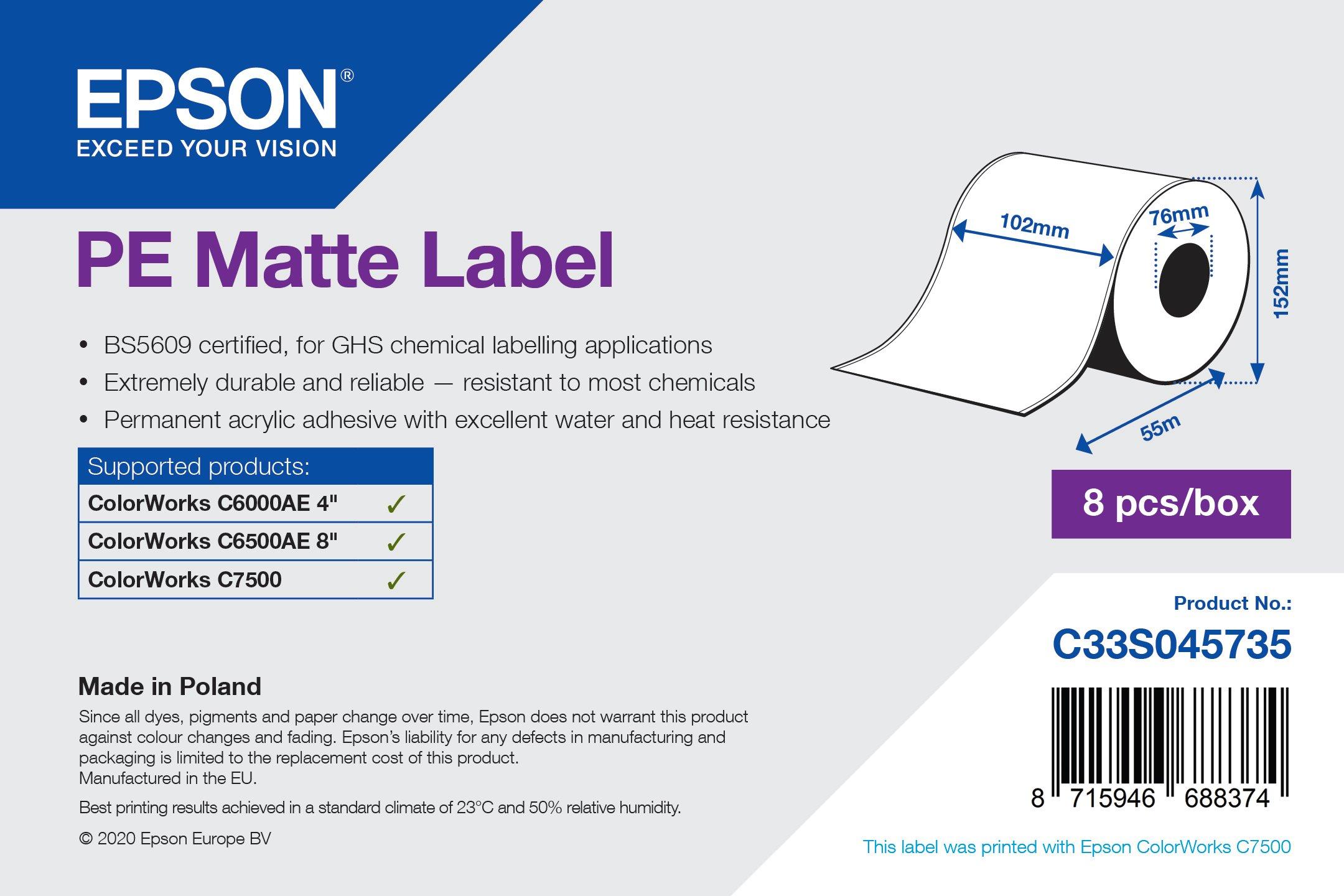 PE Matte Label - Continuous Roll: 102mm x 55m