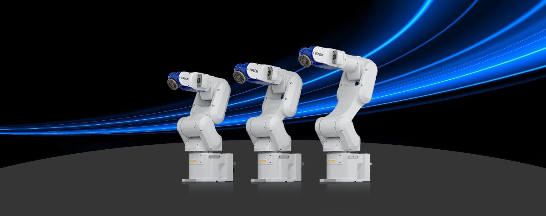 Three Epson ProSix CX-A Series robots are prominently displayed beside eachother, with neon blue lightstreaks in the background.