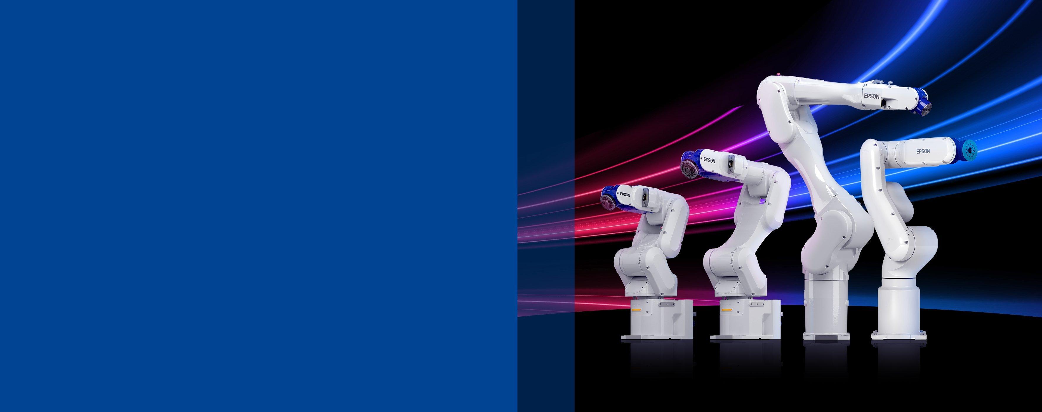 Four Epson CX-A Series robots displayed prominently, with red and blue neon light streaks behind.