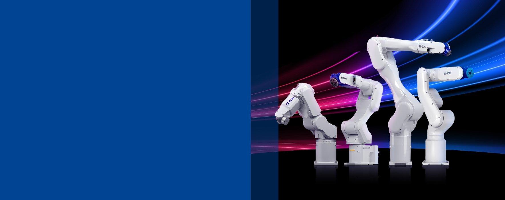 Four Epson CX-A Series robots displayed prominently, with red and blue neon light streaks behind.