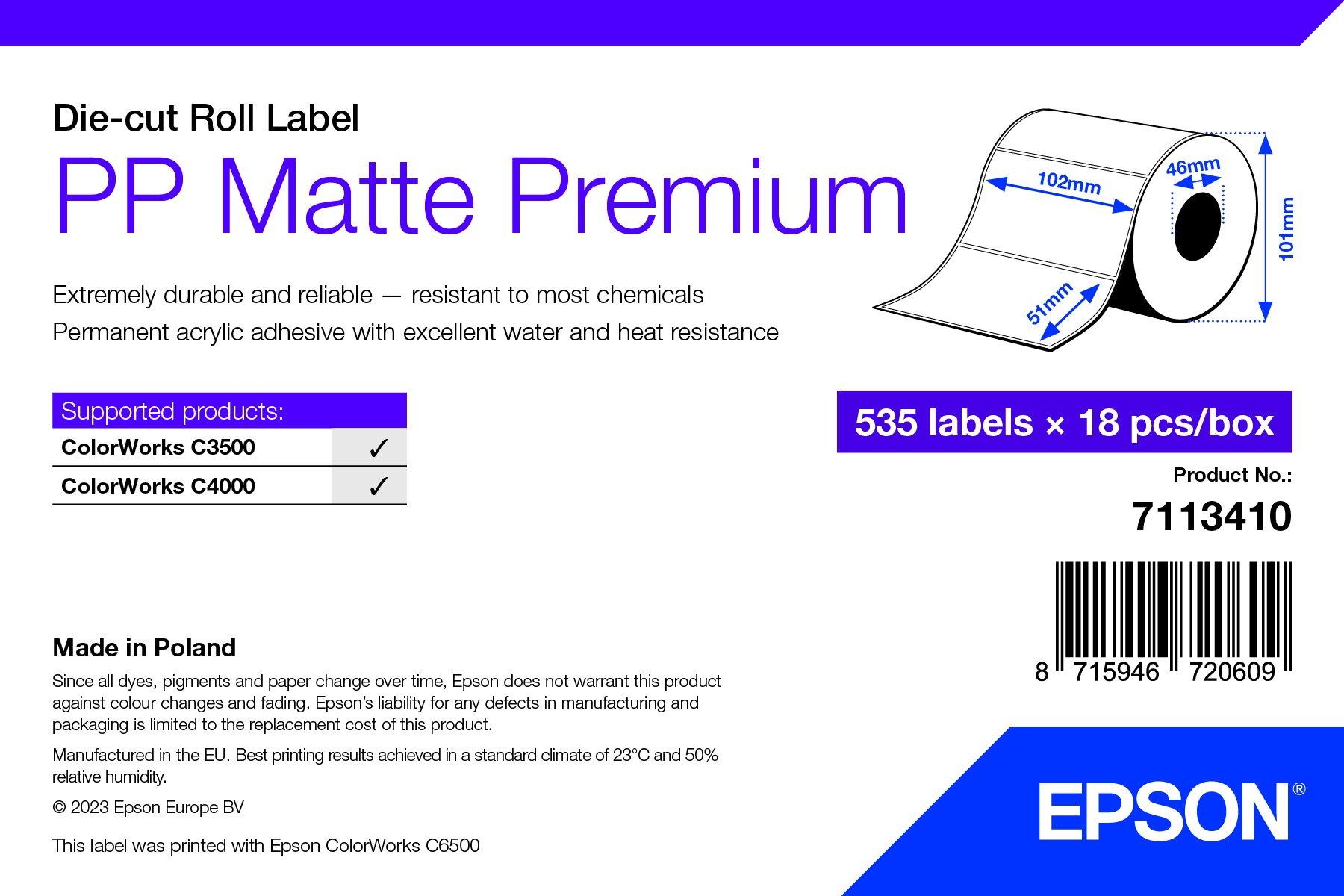 PP Matte Label Premium, Die-cut Roll, 102mm x 51mm, 535 Labels