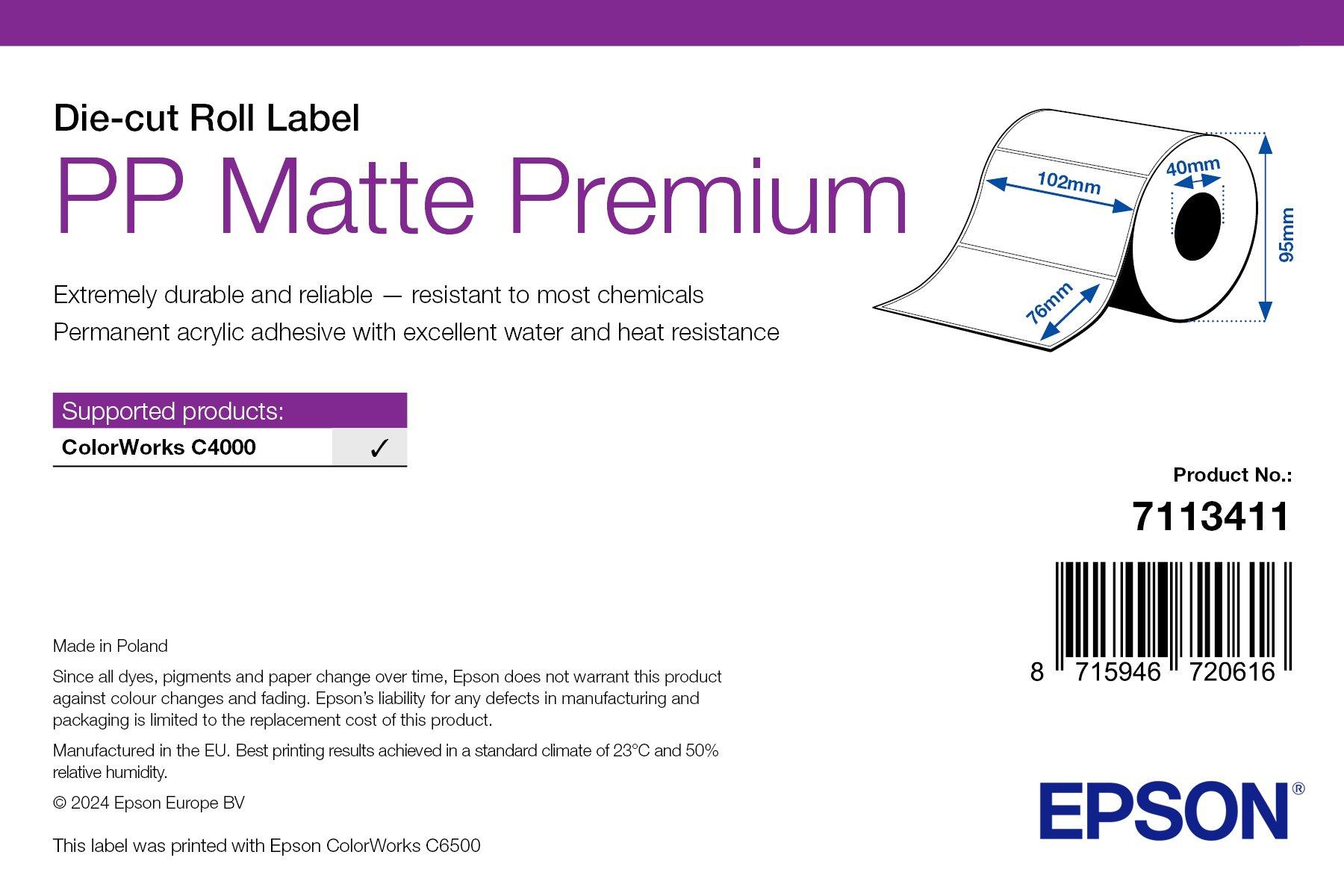 PP Matte Label Premium, Die-cut Roll, 102mm x 76mm, 365 Labels