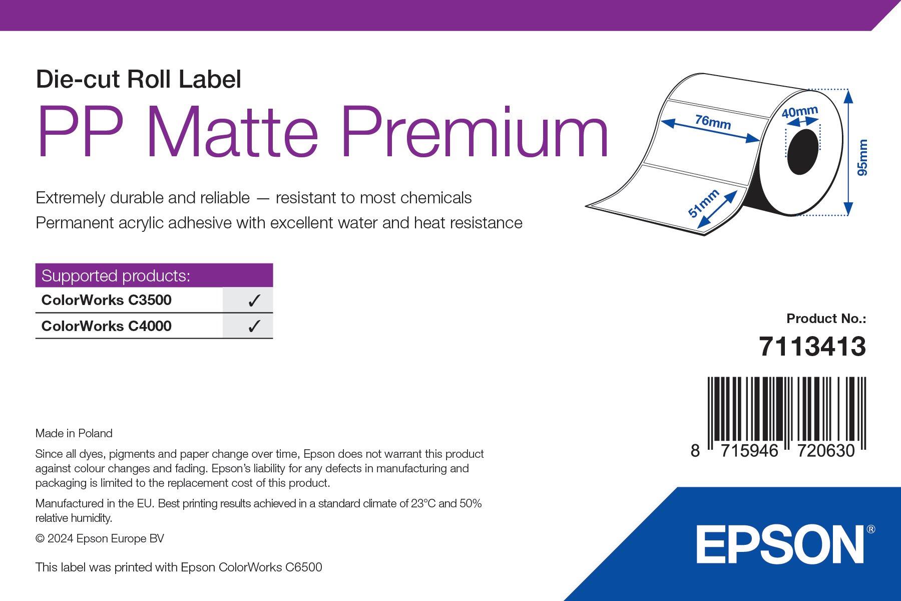 PP Matte Label Premium, Die-cut Roll, 76mm x 51mm, 535 Labels