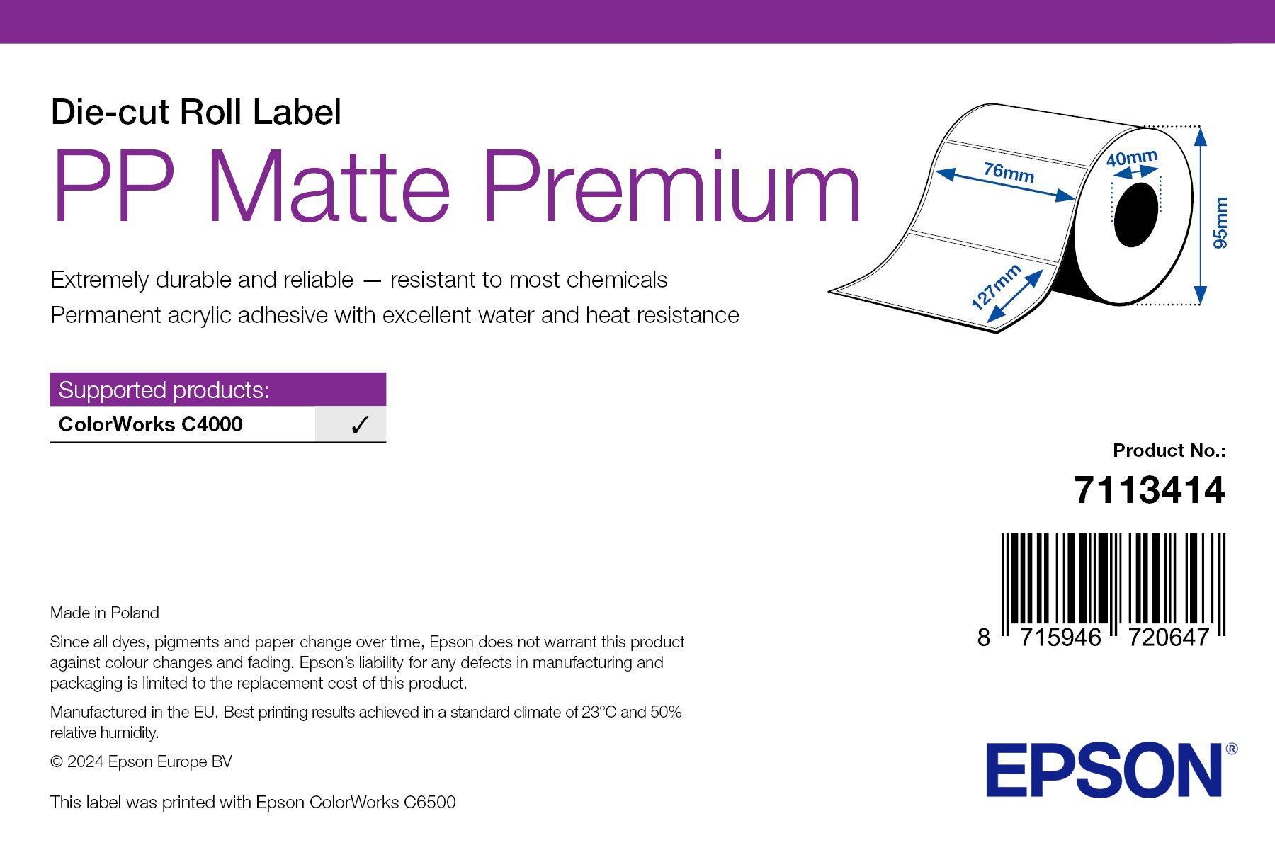 PP Matte Label Premium, Die-cut Roll, 76mm x 127mm, 220 Labels