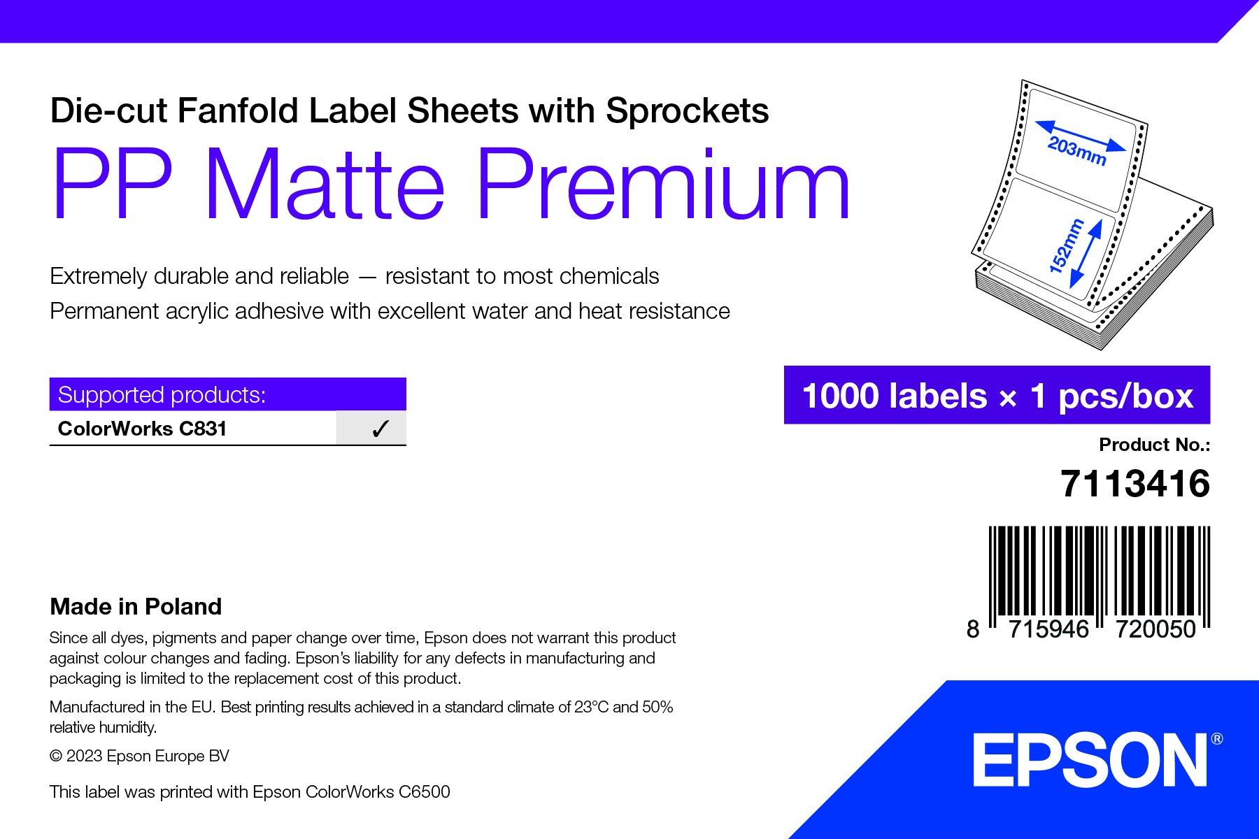 PP Matte Label Premium, Die-cut Fanfold Sheets with Sprockets, 203mm x 152mm, 1000 Labels