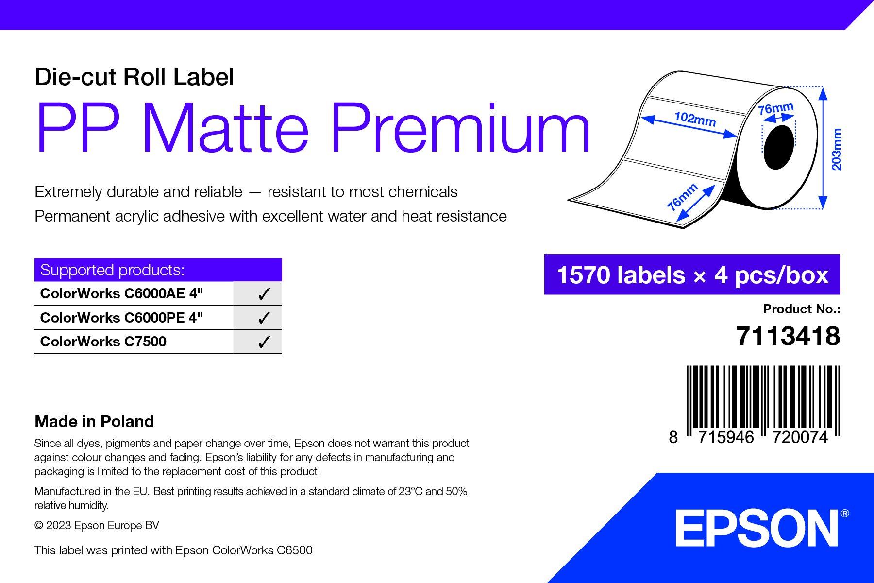 PP Matte Label Premium, Die-cut Roll, 102mm x 76mm, 1570 Labels