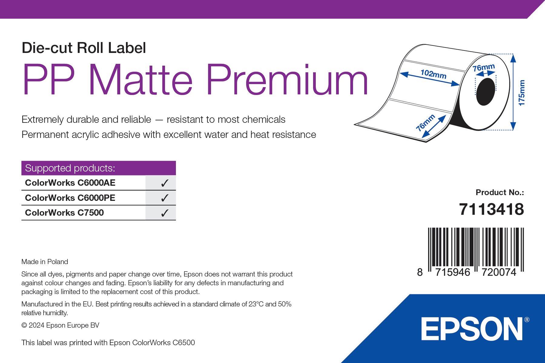 PP Matte Label Premium, Die-cut Roll, 102mm x 76mm, 1570 Labels