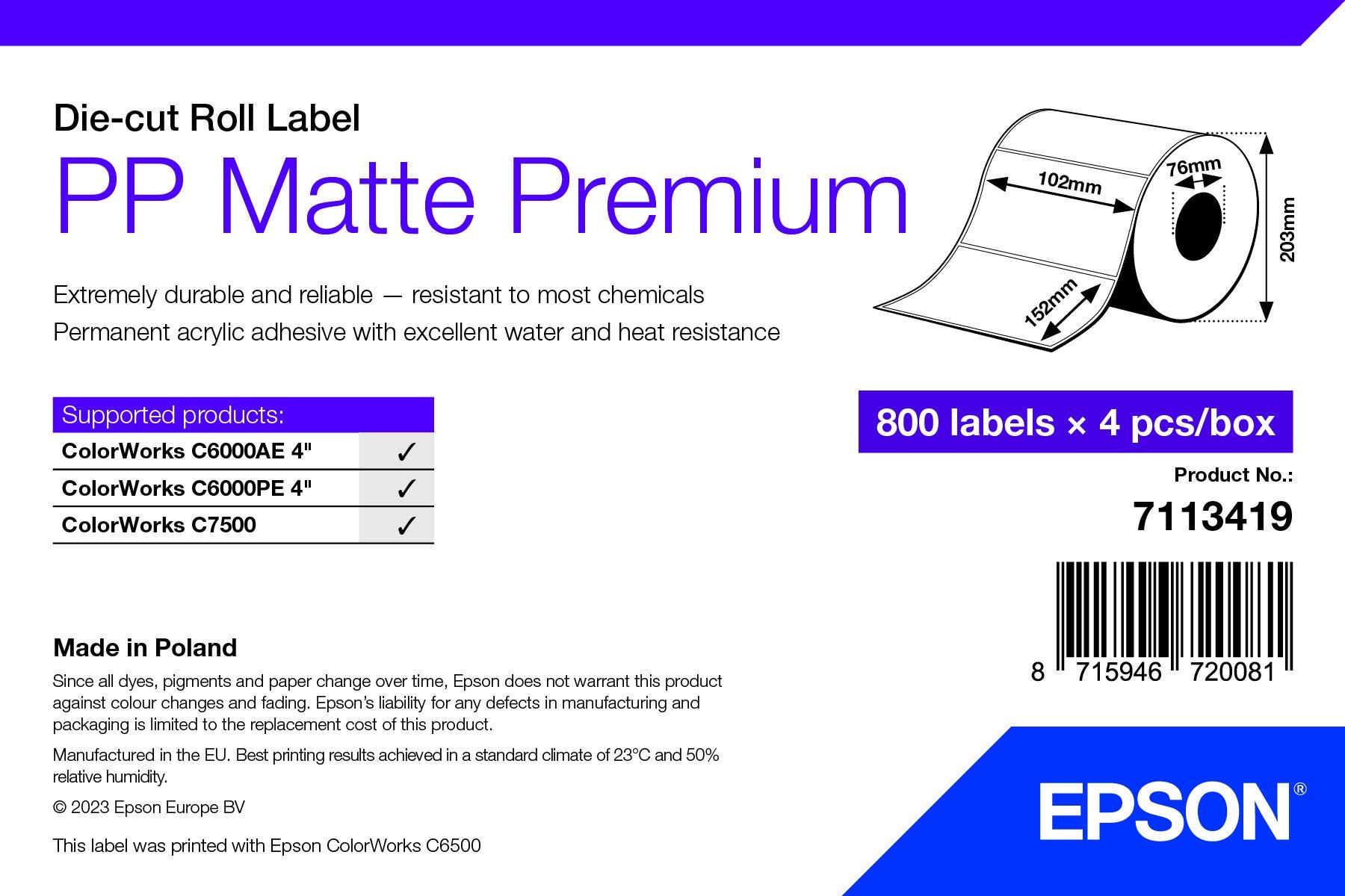 PP Matte Label Premium, Die-cut Roll, 102mm x 152mm, 800 Labels