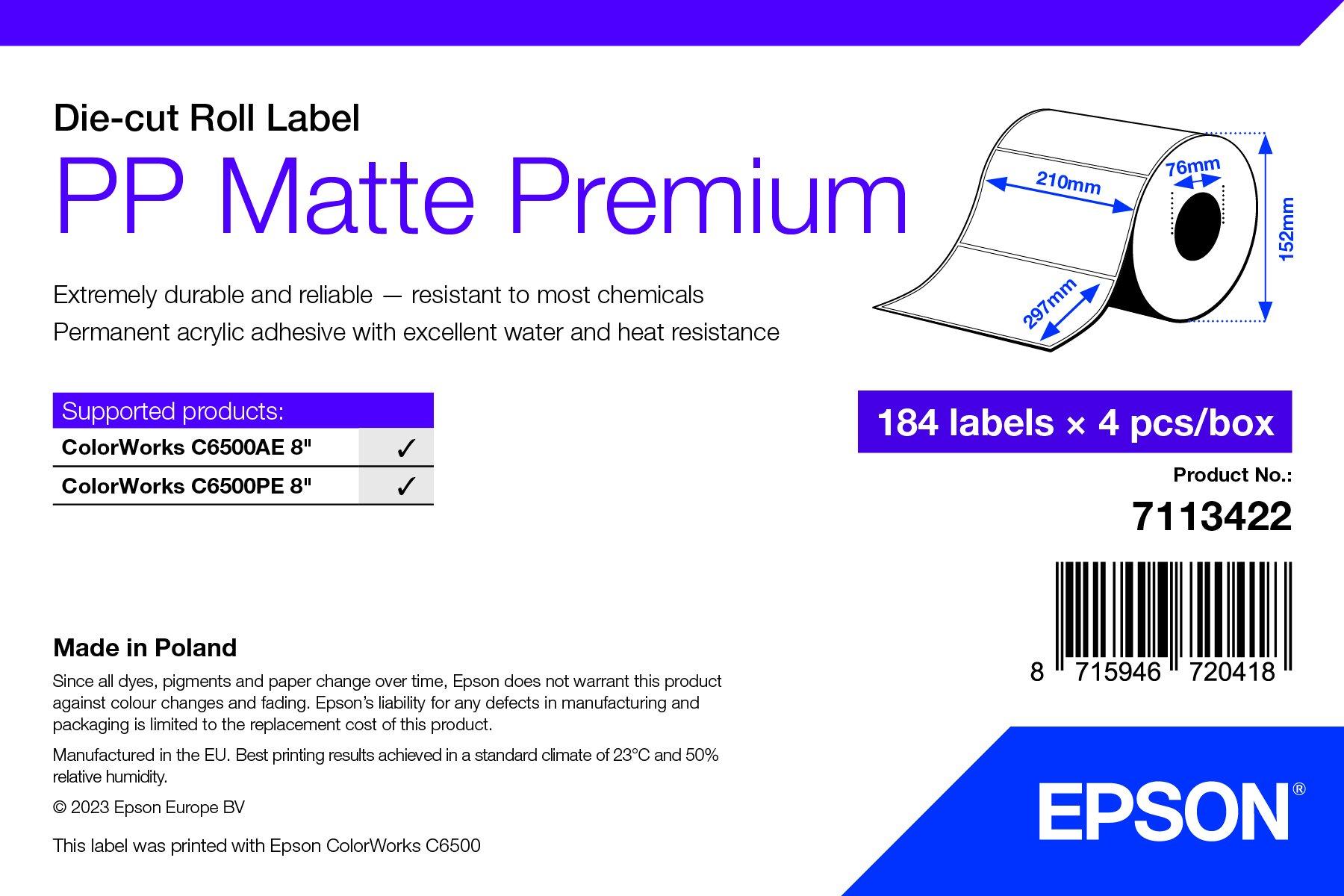 PP Matte Label Premium, Die-cut Roll, 210mm x 297mm, 184 Labels