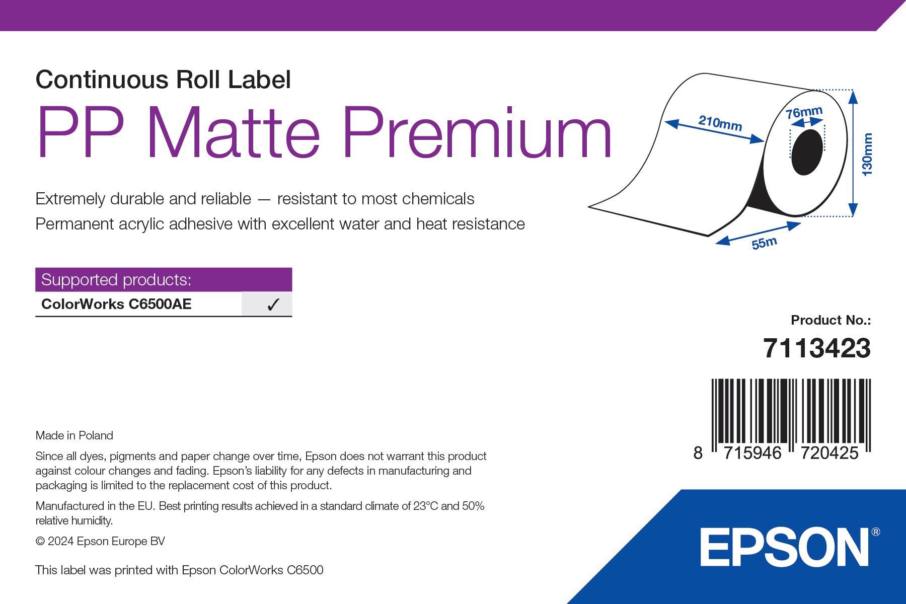 PP Matte Label Premium, Continuous Roll, 210mm x 55m