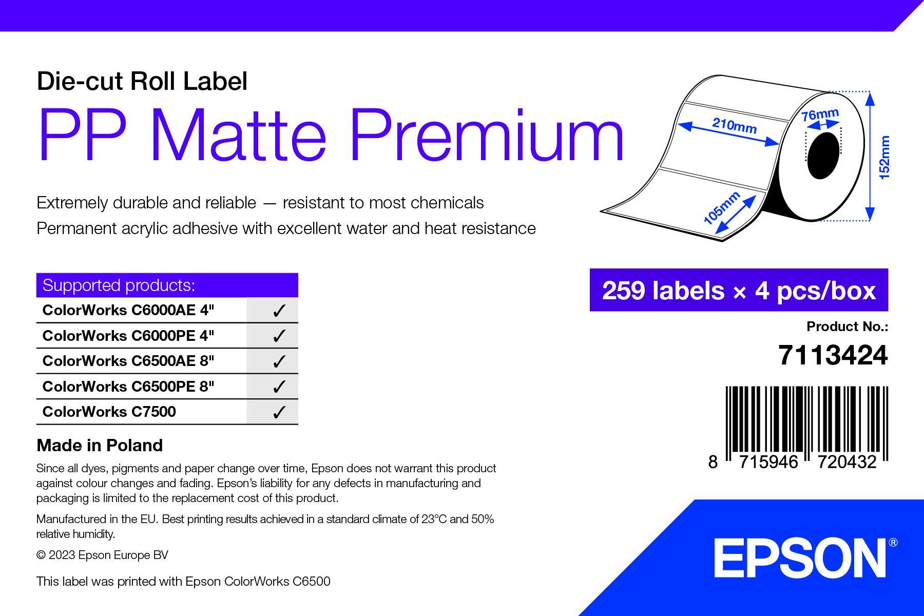 PP Matte Label Premium, Die-cut Roll, 105mm x 210mm, 259 Labels