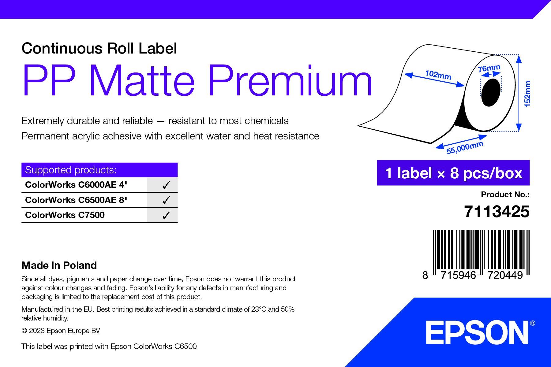 PP Matte Label Premium, Continuous Roll, 102mm x 55m Paper and Media