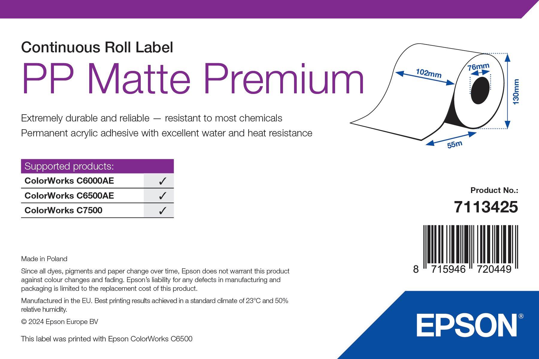 PP Matte Label Premium, Continuous Roll, 102mm x 55m