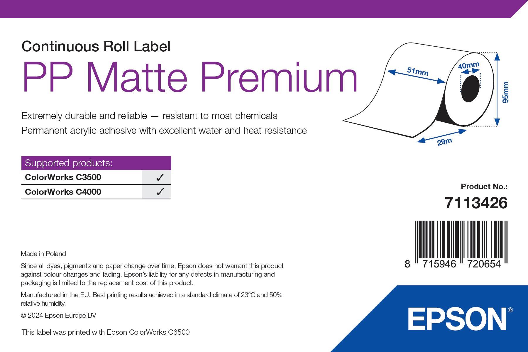 PP Matte Label Premium, Continuous Roll, 51mm x 29m