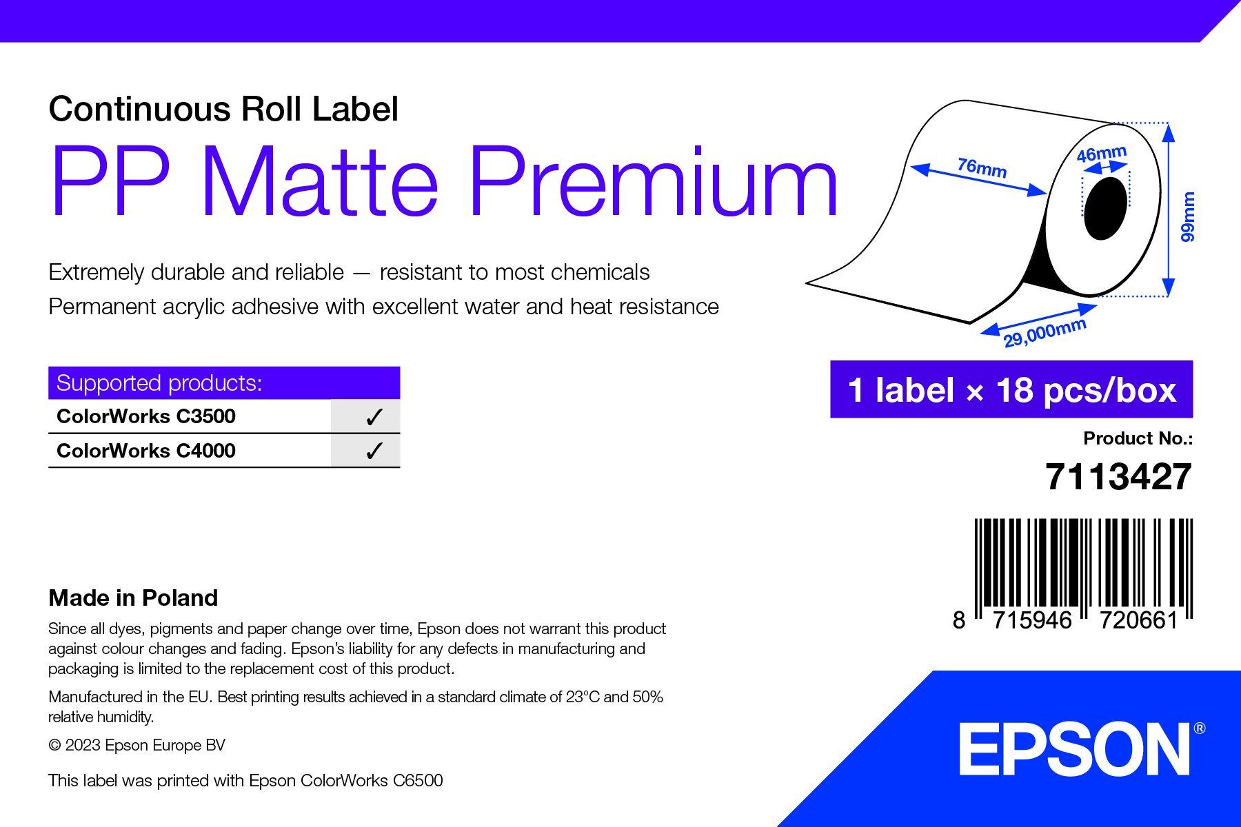 PP Matte Label Premium, Continuous Roll, 76mm x 29m | Papír a Média |  Inkoust & Papír | Produkty | Epson Česká republika