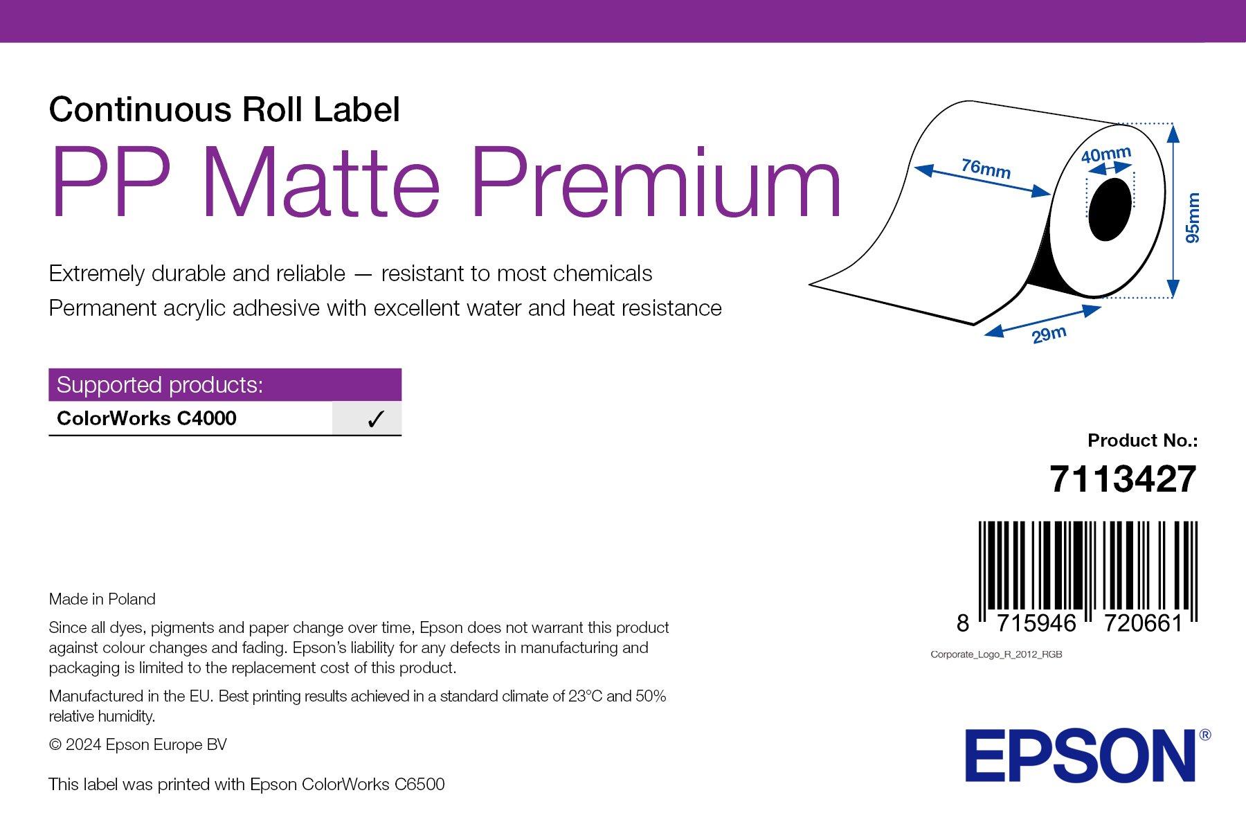 PP Matte Label Premium, Continuous Roll, 76mm x 29m