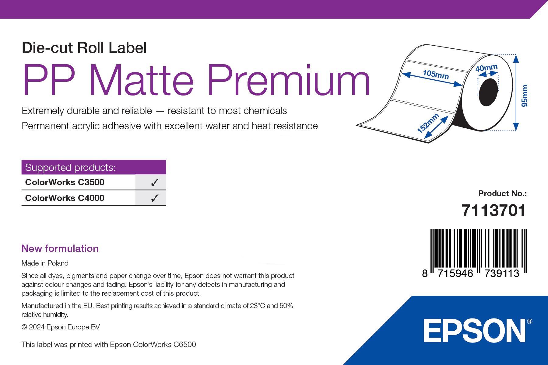PP Matte Label Premium, Die-cut Roll, 105mm x 152mm, 185 Labels