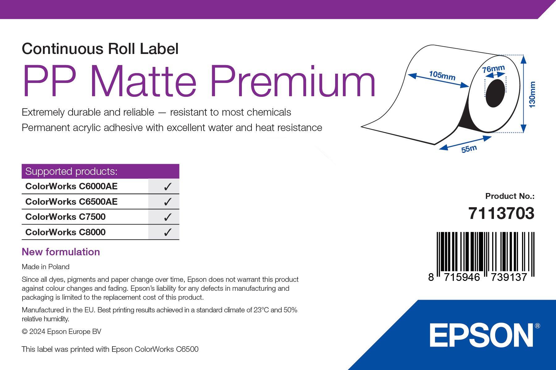 PP Matte Label Premium, Continuous Roll, 105mm x 55m