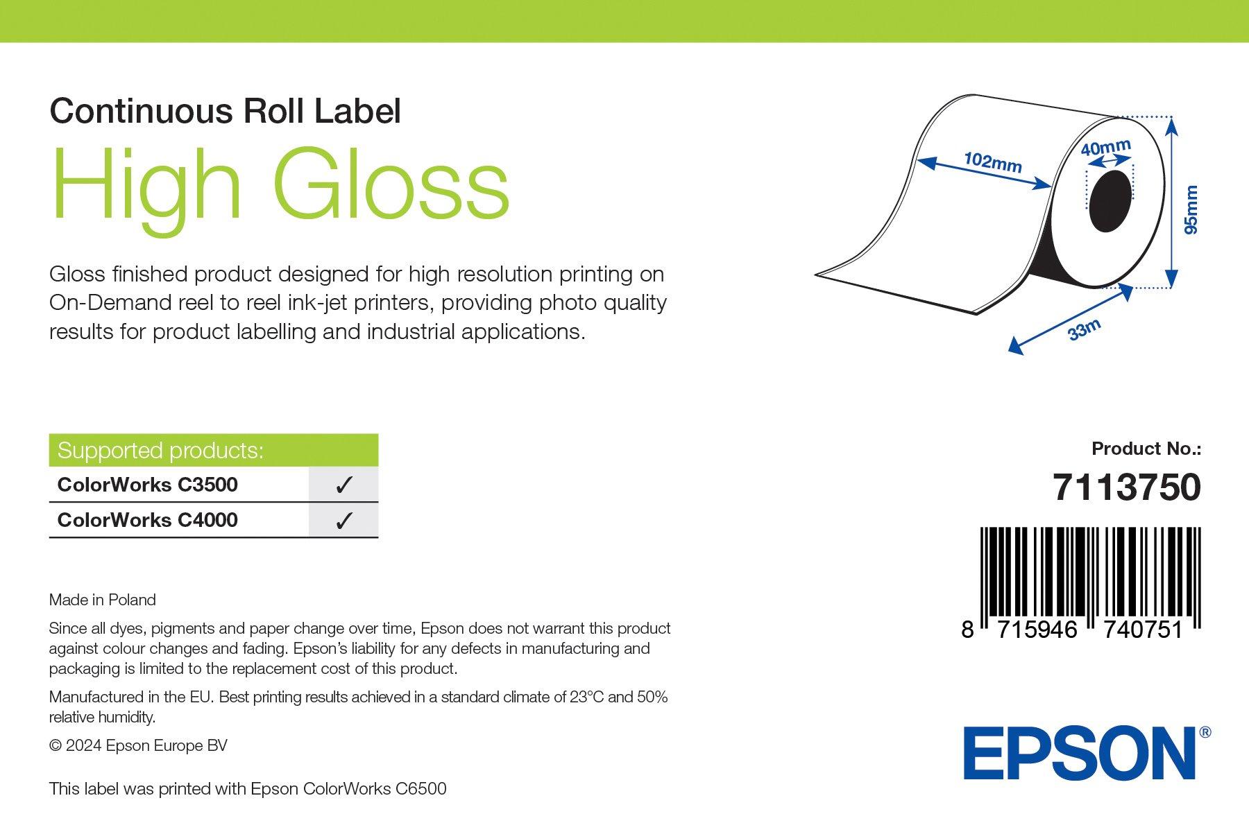High Gloss Label, Continuous Roll, 102mm x 33m