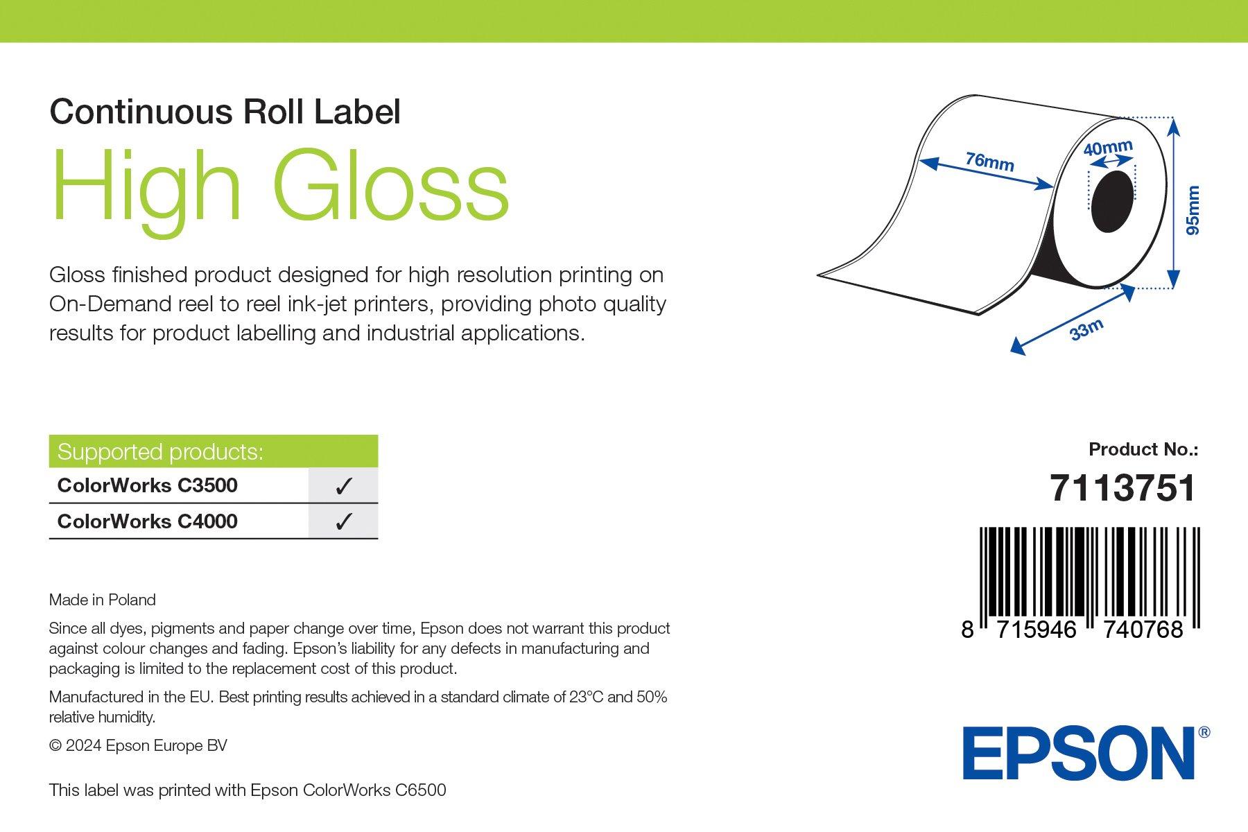 High Gloss Label, Continuous Roll, 76mm x 33m