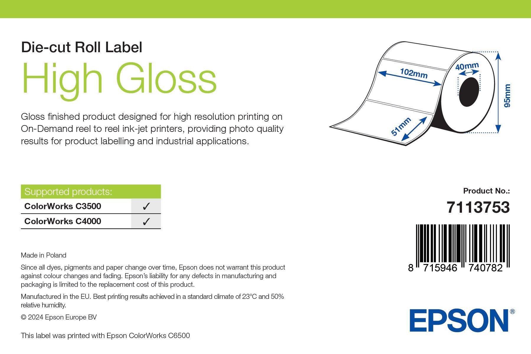 High Gloss Label, Die-Cut Roll, 102mm x 76mm, 415 Labels