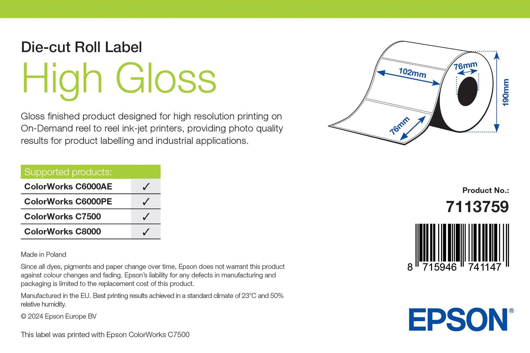 High Gloss Label, Die-Cut Roll, 102mm x 76mm, 1570 Labels