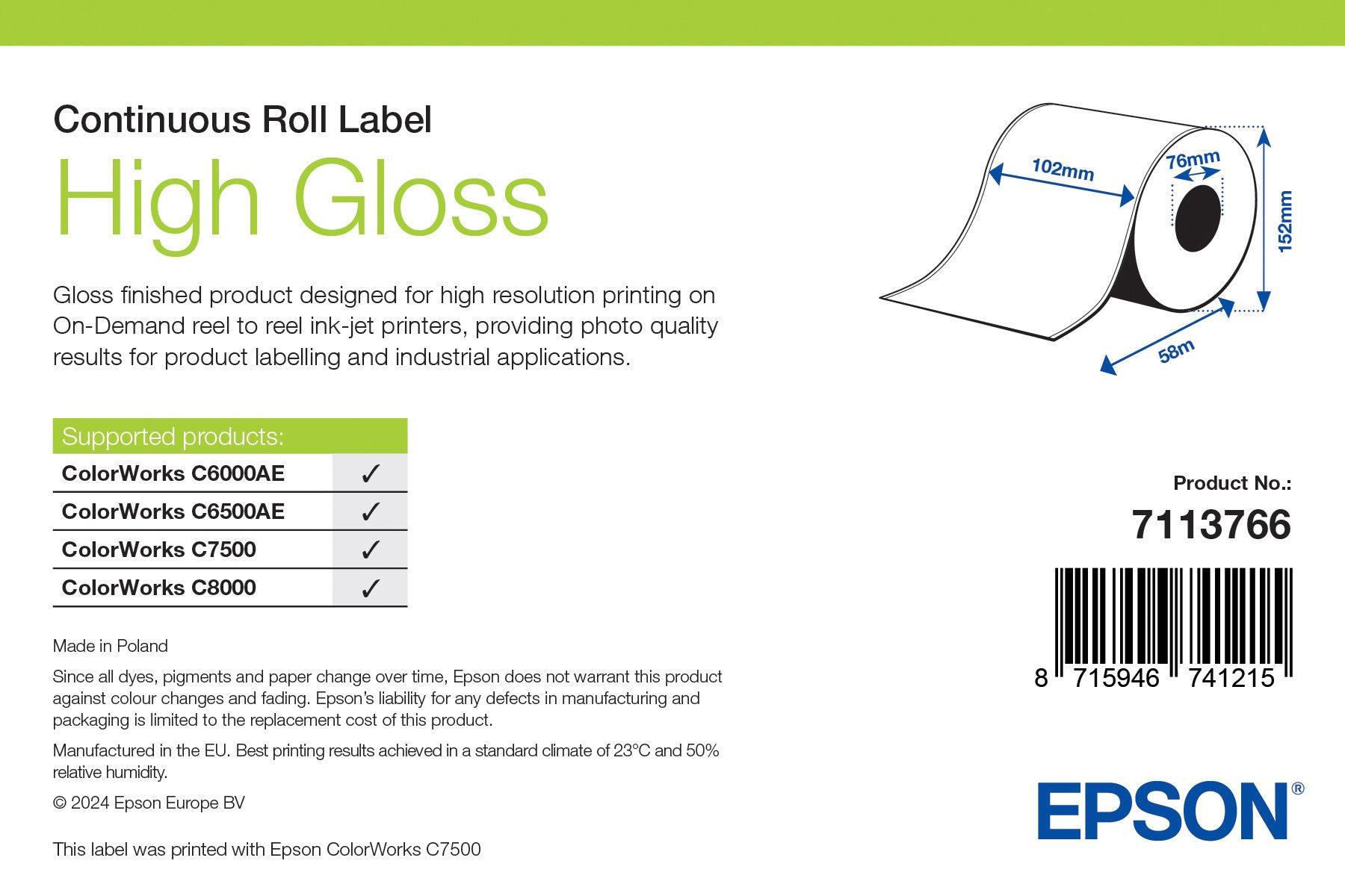 High Gloss Label, Continuous Roll, 102mm x 60m