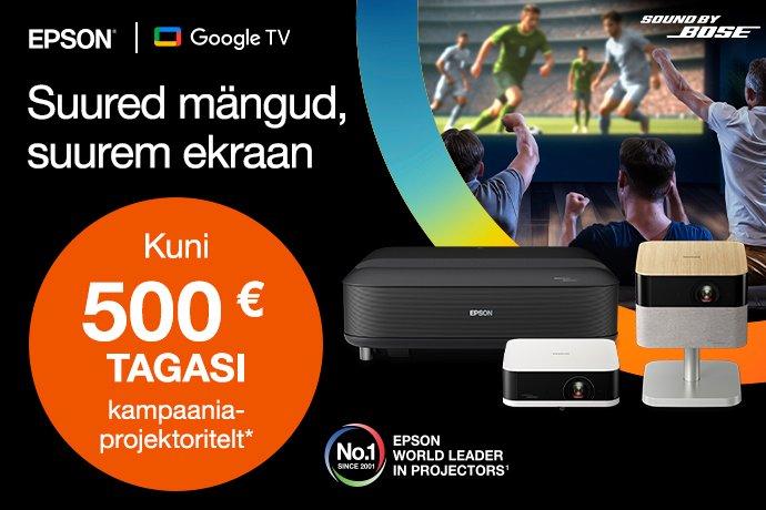 Epsoni projektorite ja Google TV reklaam, milles on kujutatud suurt ekraani, millel näidatakse jalgpallimängu.