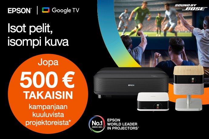 Epsonin projektoreiden mainoskuva, jossa näkyy jalkapallo-ottelu suurella näytöllä ja hurraavat katsojat.