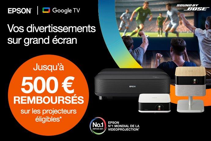 Publicité pour les projecteurs Epson et Google TV, mettant en scène un grand écran sur lequel est diffusé un match de football.