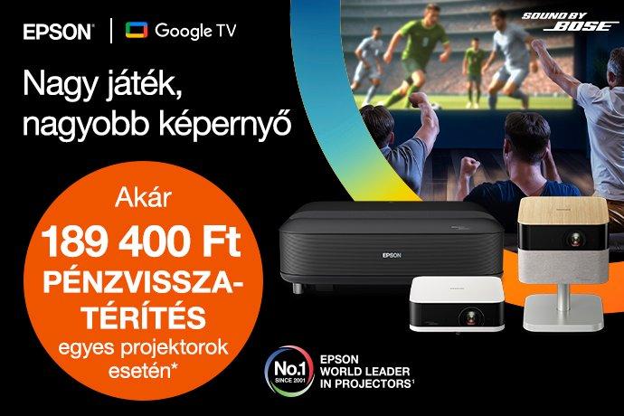 Az Epson projektorok promóciós képe, amelyen egy futballmeccs látható nagy képernyőn, a nézők pedig lelkesen szurkolnak.