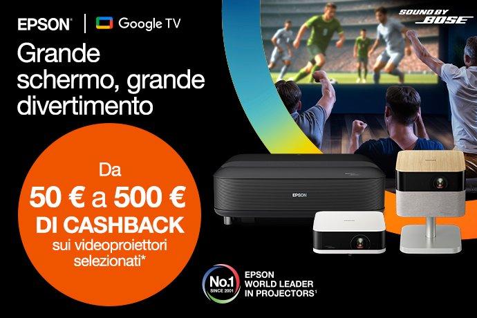 Immagine promozionale dei proiettori Epson che ritrae una partita di calcio su un maxischermo, con gli spettatori che esultano.