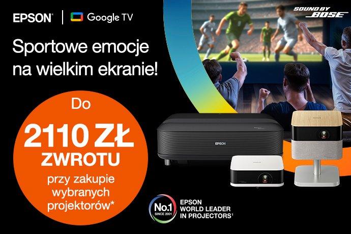 Reklama na projektory Epson a Google TV, v ktorej je zobrazená veľká obrazovka s futbalovým zápasom.