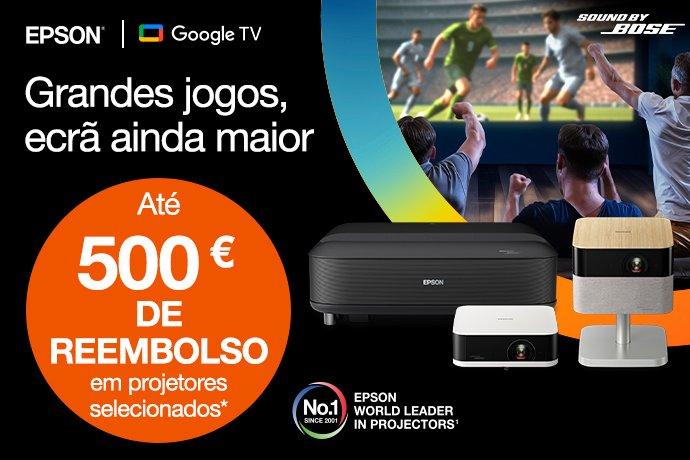 Um anúncio de projetores Epson que mostra um jogo de futebol num ecrã gigante e os espectadores a assistirem ao jogo.