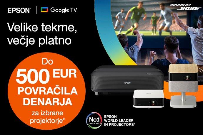 Oglas za projektorje Epson, v katerem je prikazana nogometna tekma na velikem zaslonu in gledalci, ki jo spremljajo.