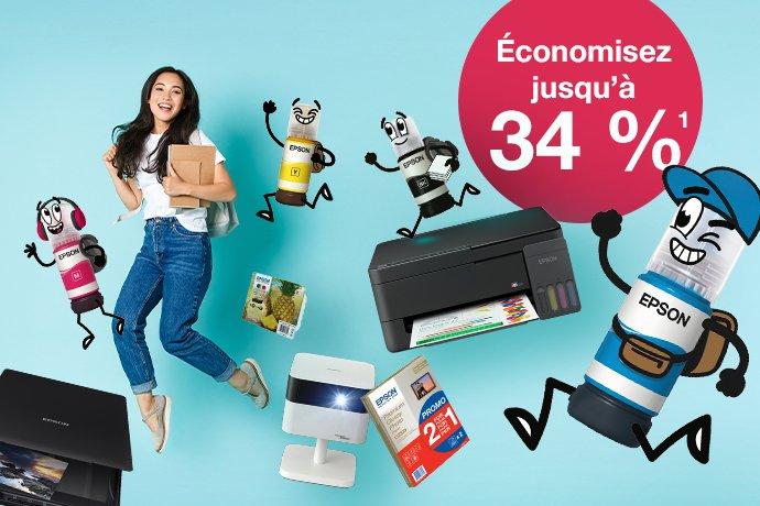 Back to UNI promotions image with a woman, printer and inkies.