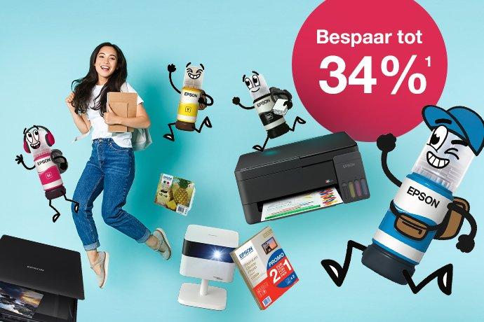 Back to UNI promotions image with a woman, printer and inkies.
