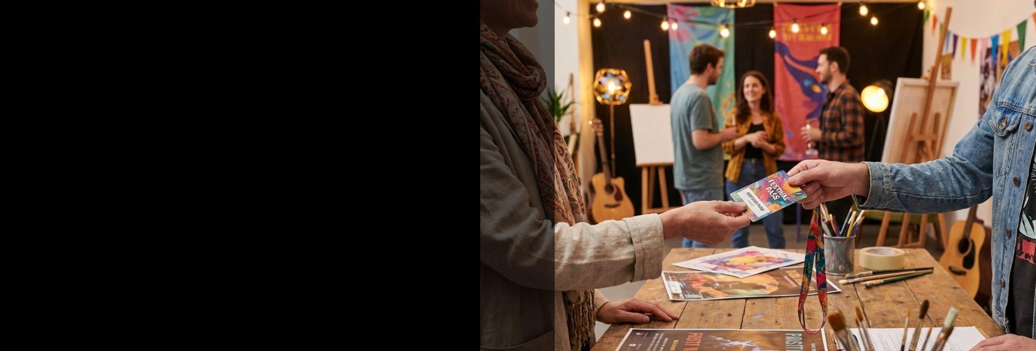 A person hands a flyer to someone at an art workshop. In the background, people chat near paintings and guitars. The scene is warm and inviting.