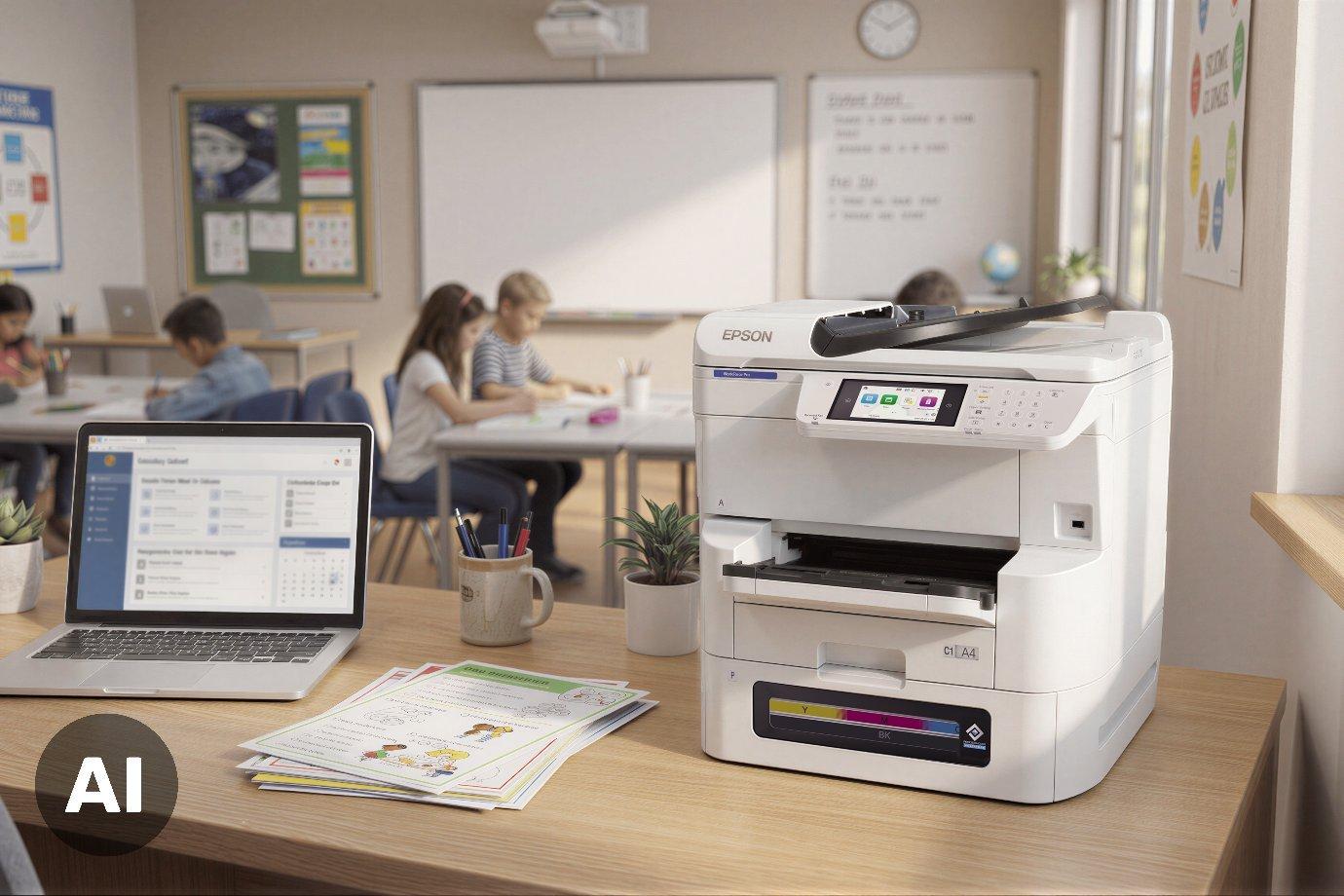 Epson-tulostin oli etualalla, opettajan pöydällä.