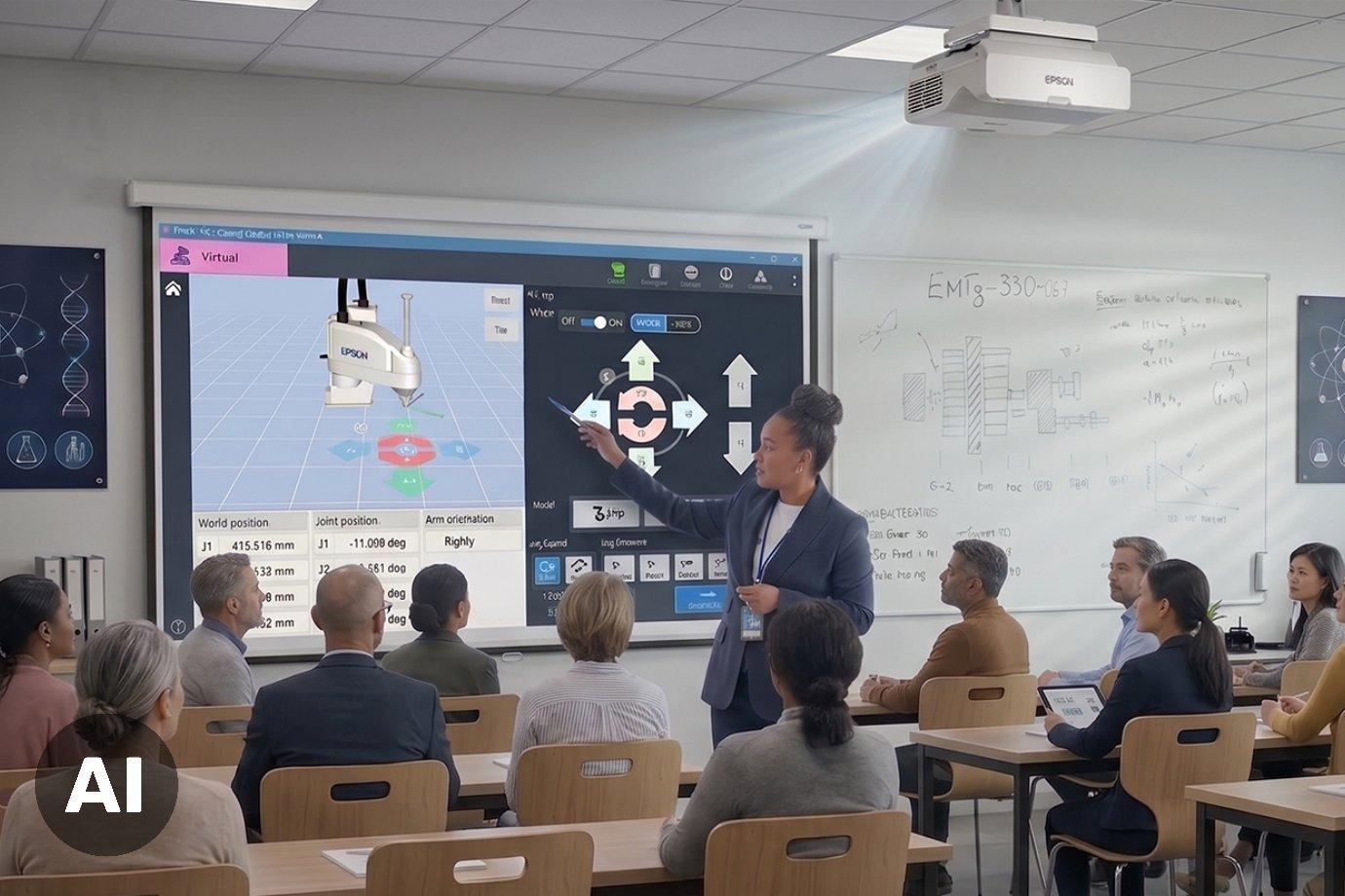 Epson-projektori, joka heijastaa Robots-ohjelmistoa yliopistoluokalle.