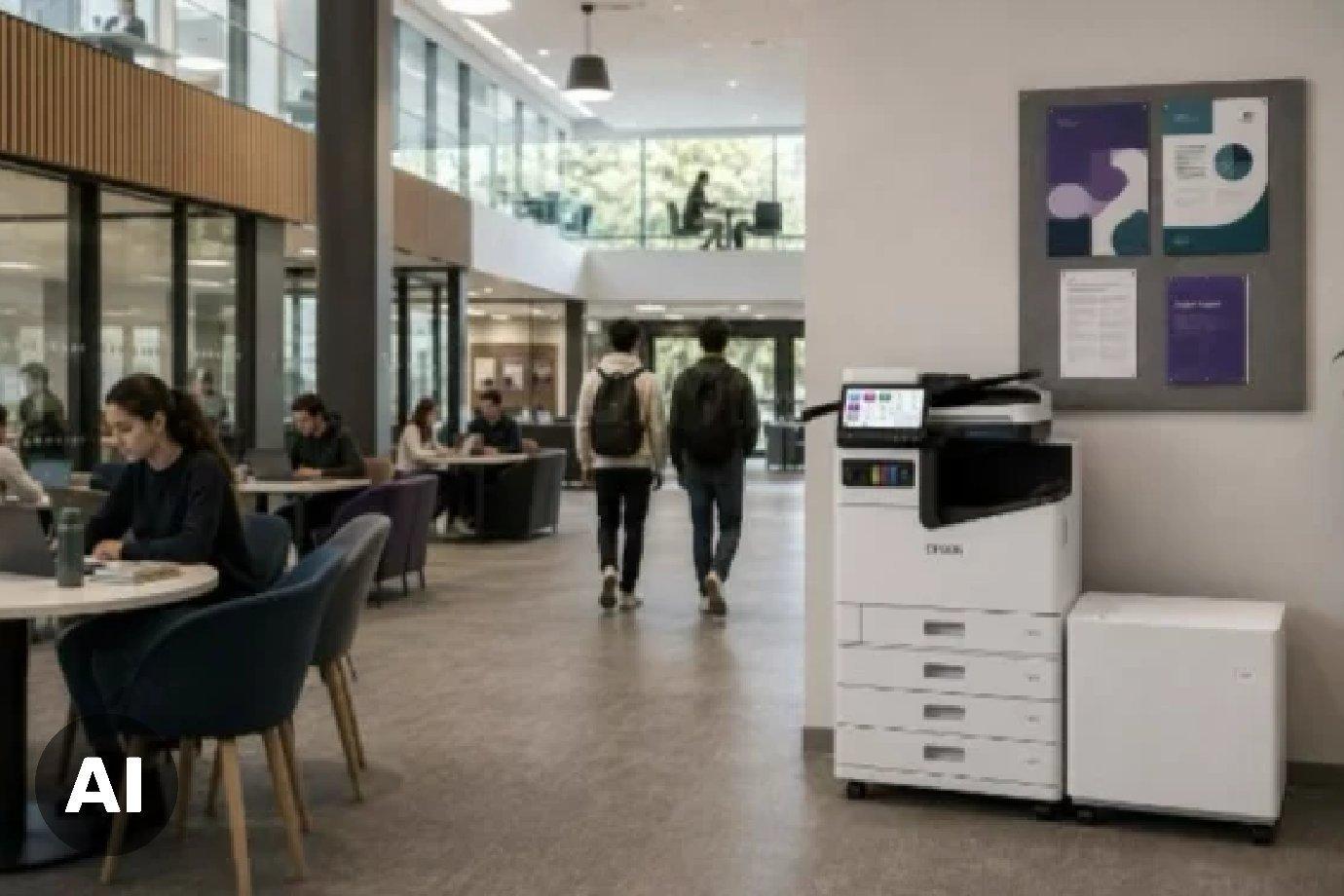 Suuri Epson-tulostin seisoi seinää vasten koulun tai oppilaitoksen avoimessa oleskelutilassa.