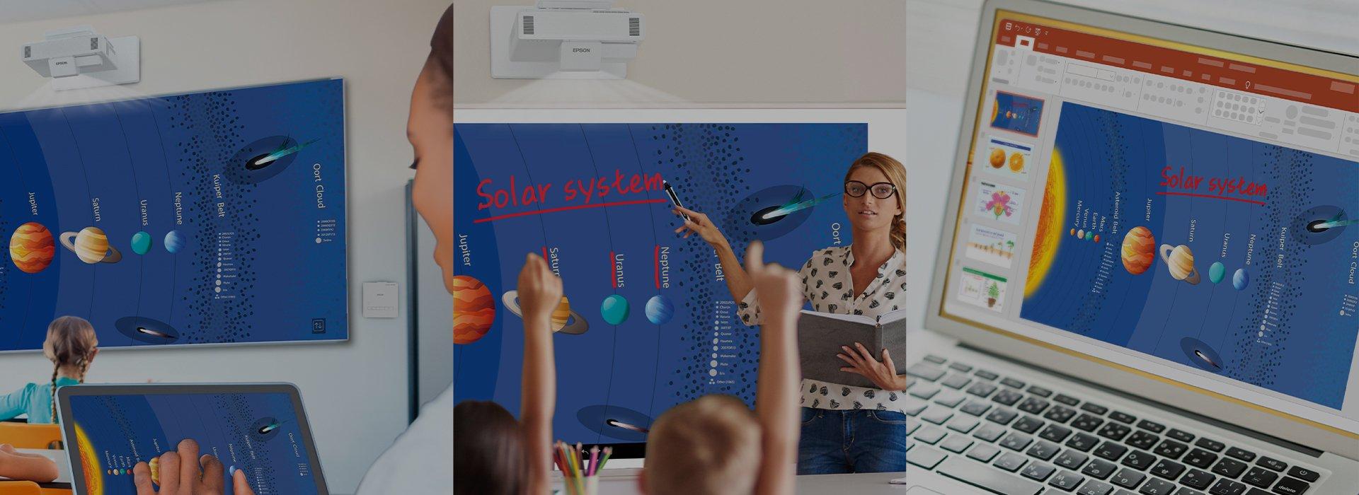 Classrom with kids and an image of a projector