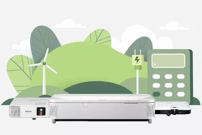 a projector and other electronic devices are shown in a green background