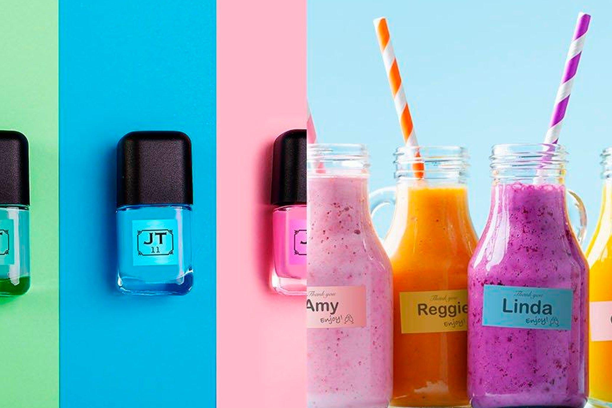 Small nail varnish bottle and smoothie bottles, all with unique labels stuck on them