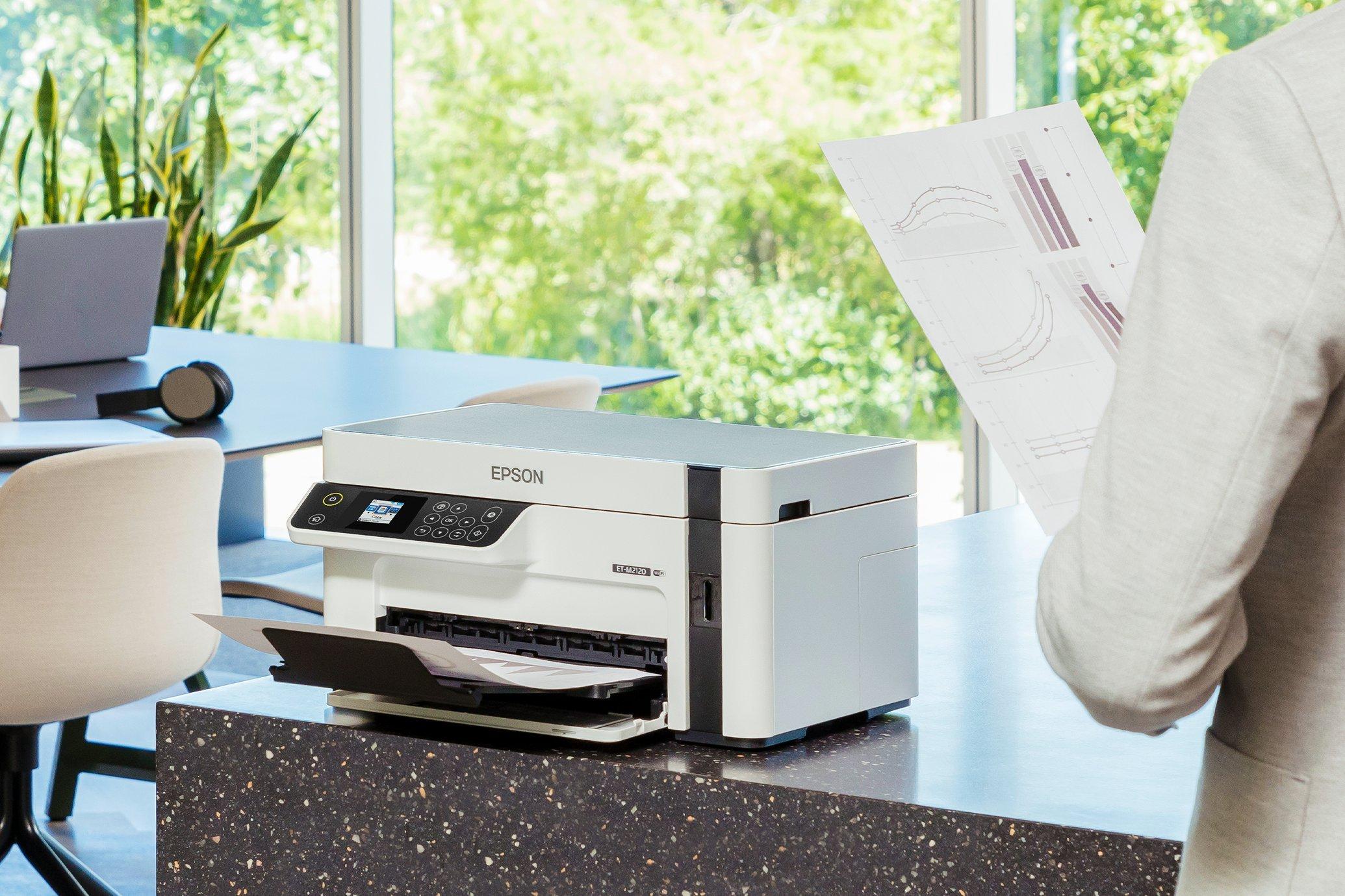 An Epson EcoTank mono printer on a desk