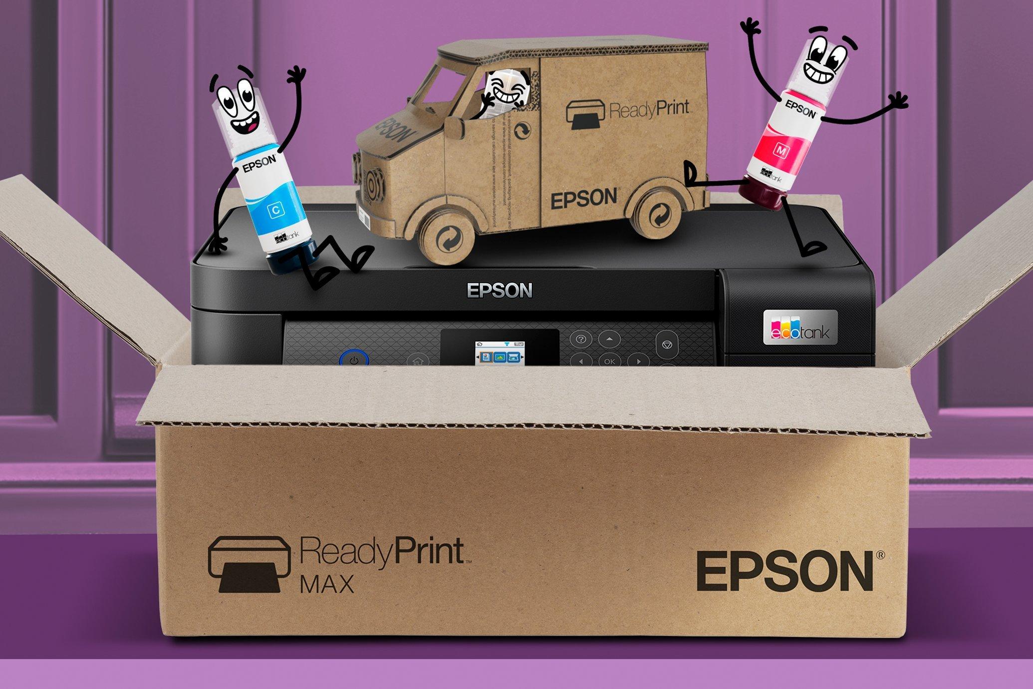 Ein Epson Drucker, der gerade vor der Haustür geliefert wurde und bei dem die Tintenzeichen aus dem Karton springen