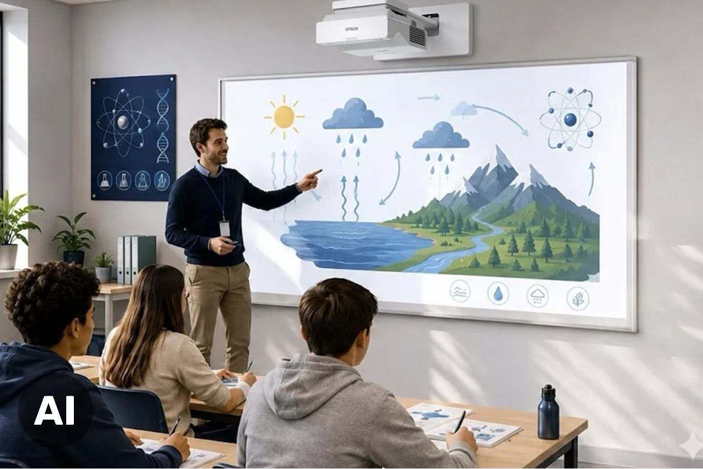 Opettaja opettaa luokalle projektorin edessä.