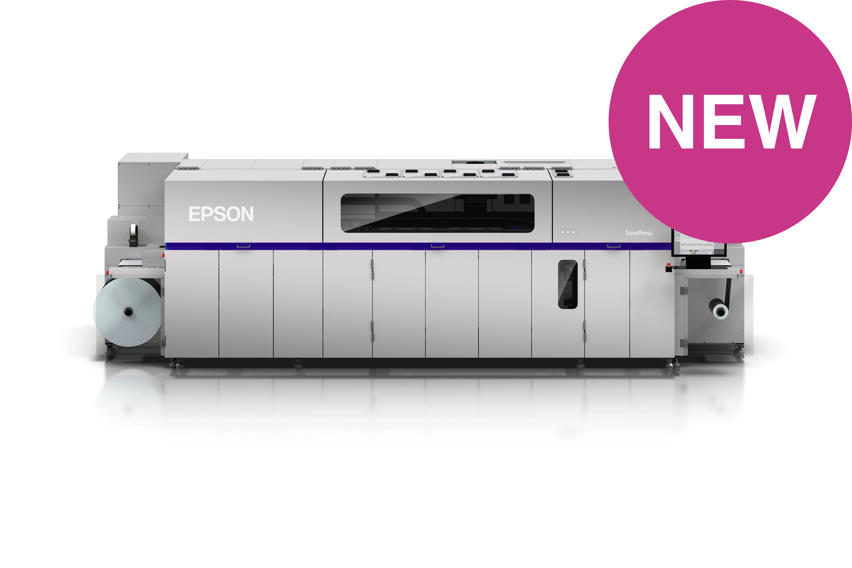 Sleek gray Epson SurePress industrial printer with a digital control panel on the right.